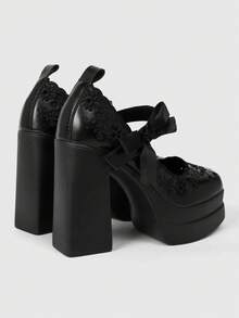 ROMWE Goth Ladies Sexy Platform High Heels Shoes Dark Retro Hollow Embroidery Engraved Bow Daily Commute Nightclub Party - Black - View 9