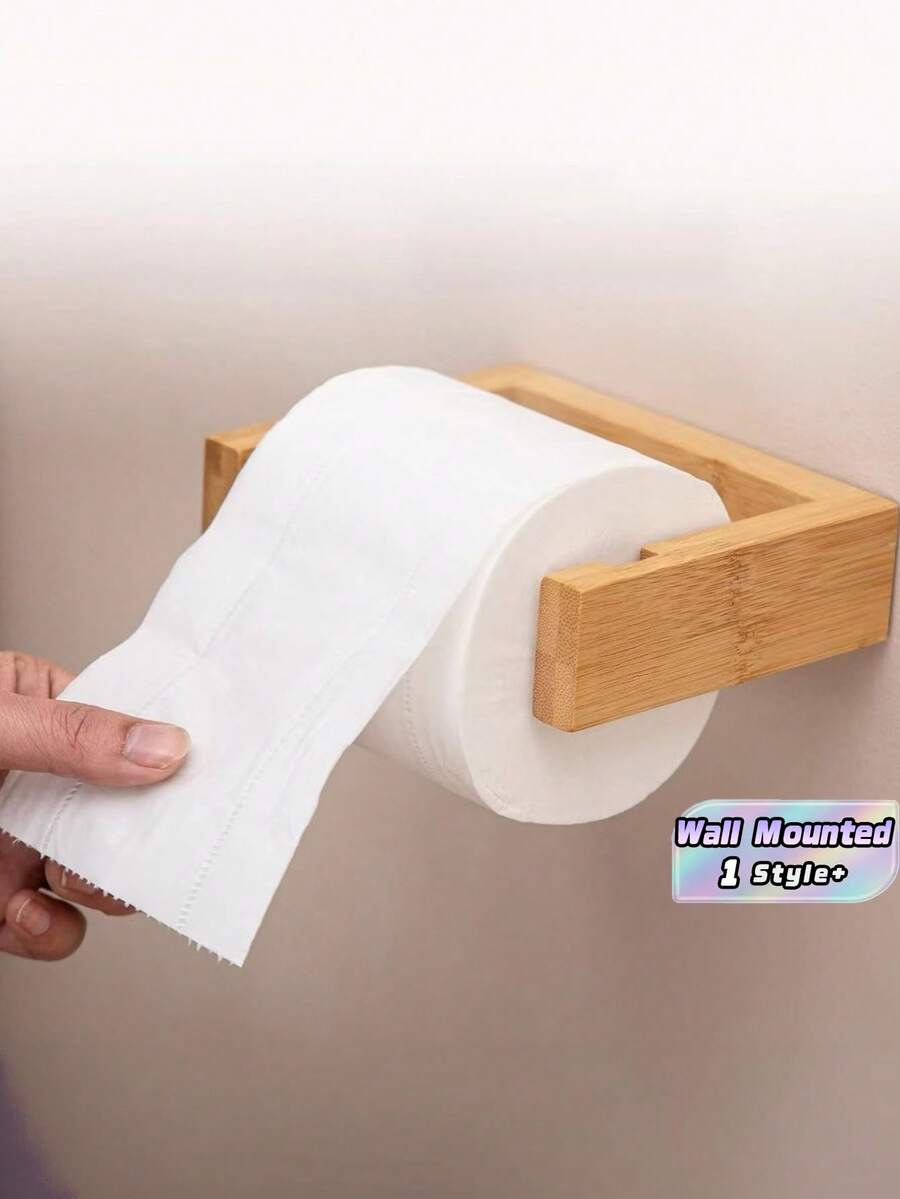 1pc Natural Bamboo Toilet Paper Holder - Wall Mounted With Screws, Easy Install, Removable Wooden Structure, Scandinavian Style Bathroom Kitchen Organizer, Home Decor, Christmas Gift Idea - one size fits all - View 1
