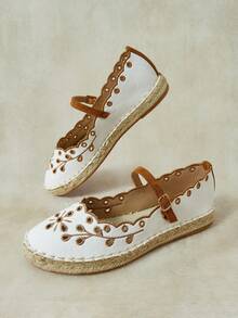 Styleloop Zapatos de suela plana con cinturón extraíble de cuerda de cáñamo y bordado hueco para mujer - Marrón - Ver 6
