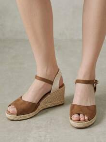 Styleloop Women's Wedge Heel Platform Sandals, Vintage Casual Peep Toe Wedge Sandals, Vacation Outfit, Travel Essential, French Country Style, Bohemian Style - Camel - View 7