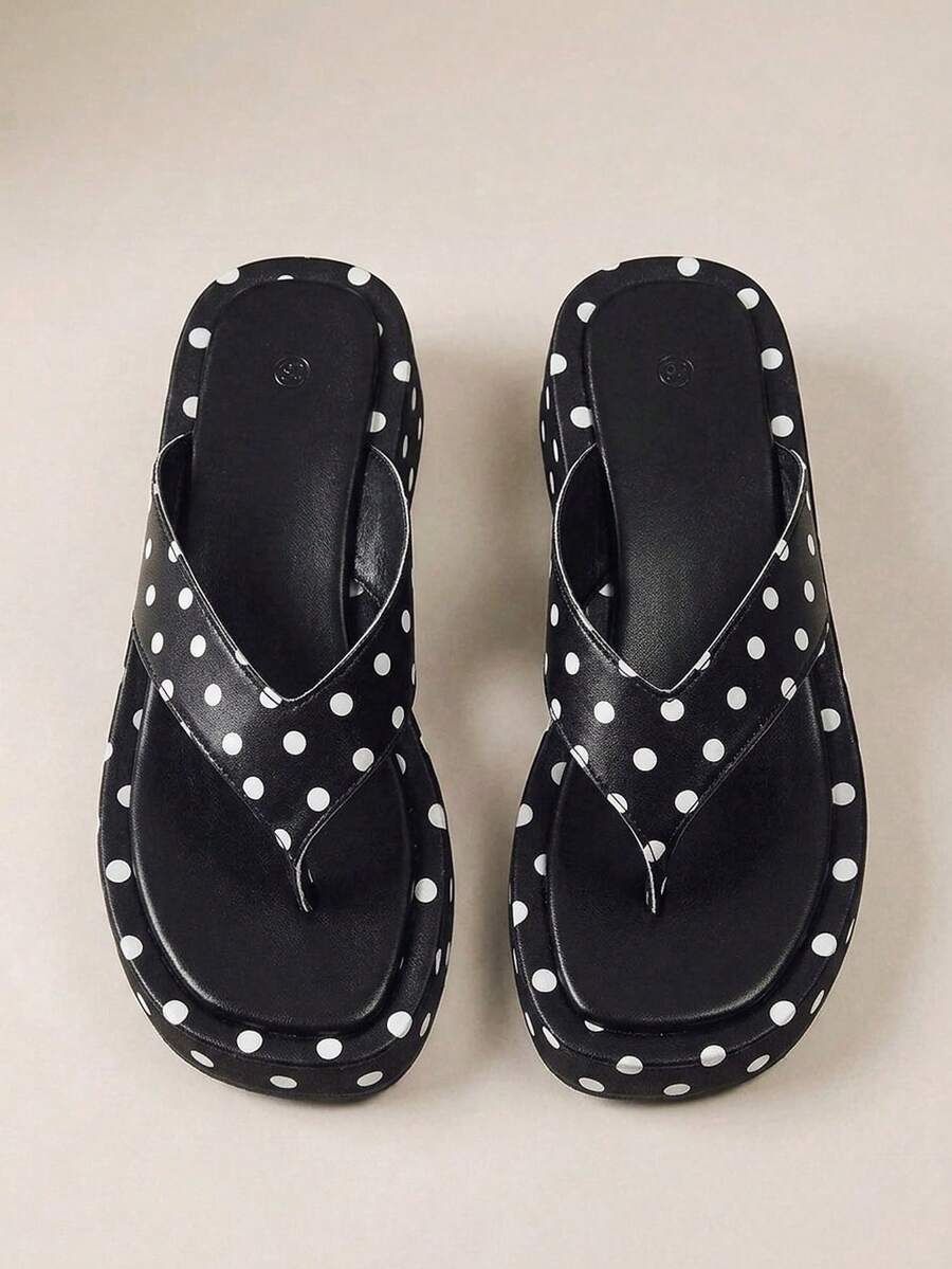 HighSole 春夏新款寬版露趾厚底女款涼鞋，柔軟舒適，適合購物、海邊度假、音樂節，百搭款 - 圓點黑 - 查看 1