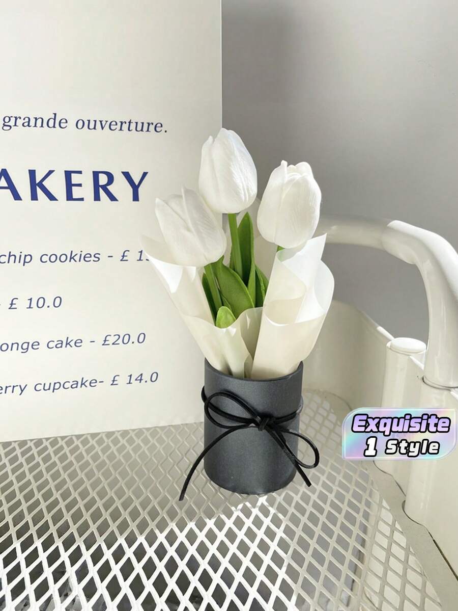 Mini Round Gift Box Artificial White Tulip Bouquet, Silk Fake Flower With Black Bow Decor, Aesthetic Dried Flower Ornament For Bedroom Table Wedding Party Home Decor Gift - White - View 1