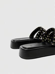 HighSole 春夏鉚釘寬帶厚底拖鞋，舒適輕便平底極簡女款拖鞋，日常穿著 - 黑色 - 查看 9