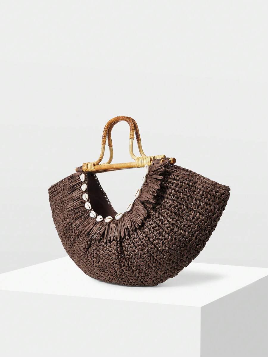 MOTF WOMEN'S BROWN TOTE BAG, VINTAGE WOODEN HANDBAG, STYLISH FAN-SHAPED HANDBAG, SUITABLE FOR VACATION, TRAVEL, BEACH, SEASIDE, BOHEMIA - Coffee - View 2