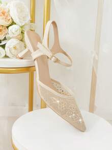 CUCCOO HITCHD French Mesh Rhinestone Pointed Back Empty Sandals Female Gentle Buckle Stiletto High Heels Breathable Embroidery Fairy Style Commuter Shoes - Apricot - View 7