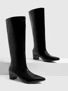 Daringsoles Pointed Thick-Heeled High Boots, Versatile Black Soft Leather And Lacquer Boots, Slip-On Commuter Boots Fall Shoes - Black 1 - View 6