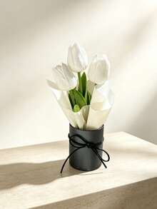 Mini Round Gift Box Artificial White Tulip Bouquet, Silk Fake Flower With Black Bow Decor, Aesthetic Dried Flower Ornament For Bedroom Table Wedding Party Home Decor Gift - White - View 8
