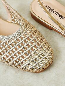 Styleloop Women's Fashion Gold Square Toe Woven Splicing Sandals, Buckle Flat Sandals Suitable For Daily Travel - Gold - View 9