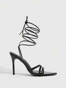CUCCOO SZL Black Stilettos Pointed Strap Around The Ankle Thin Heel Sandals, Commuter Workplace Model - Black - View 6