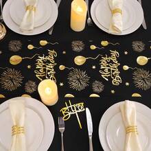1Pc 28*275cm/28*500cm Happy Birthday Pattern Polyester Tablecloth, Birthday Party Decoration Supplies, Birthday Party Home Table Decoration Supplies - silver - View 1