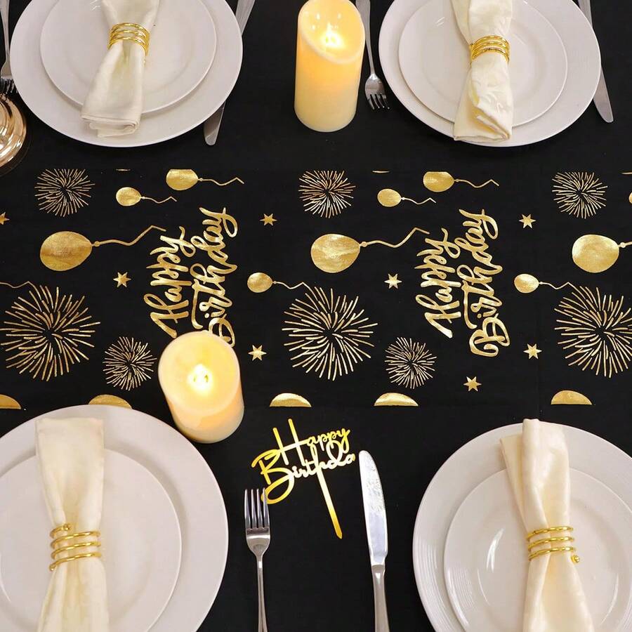 1Pc 28*275cm/28*500cm Happy Birthday Pattern Polyester Tablecloth, Birthday Party Decoration Supplies, Birthday Party Home Table Decoration Supplies - silver - View 1