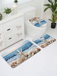 3pcs Ocean Coastal Starfish Beach Pattern Bath Mat, Soft Faux Wool 1200g/㎡ Polyester Fiber Bathroom Rug, 10mm Thick, TPR Non-Slip Bottom, Foldable Easy Care Carpet Mat, Modern Thick Absorbent Non-Slip Floor Mat, Decorative Carpet - multicolor - View 4