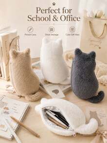 1pc Cat Shaped Plush Pencil Case, Cute Soft Large Capacity Stationery Storage Bag, Japanese Style Cute Cat Pen Pouch, Suitable For School, Office, Study, Desk Storage And Small Item Organization,Back To School. - Cute Cat - View 6
