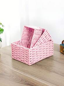 1/3PCS Retro Handmade Woven Sundries Storage Basket Natural Rattan Entryway Desktop Organizer Multi Purpose Snack Cosmetics Storage Box Household Organization Rustic Home Decor Gift Idea - Baby Pink - View 5