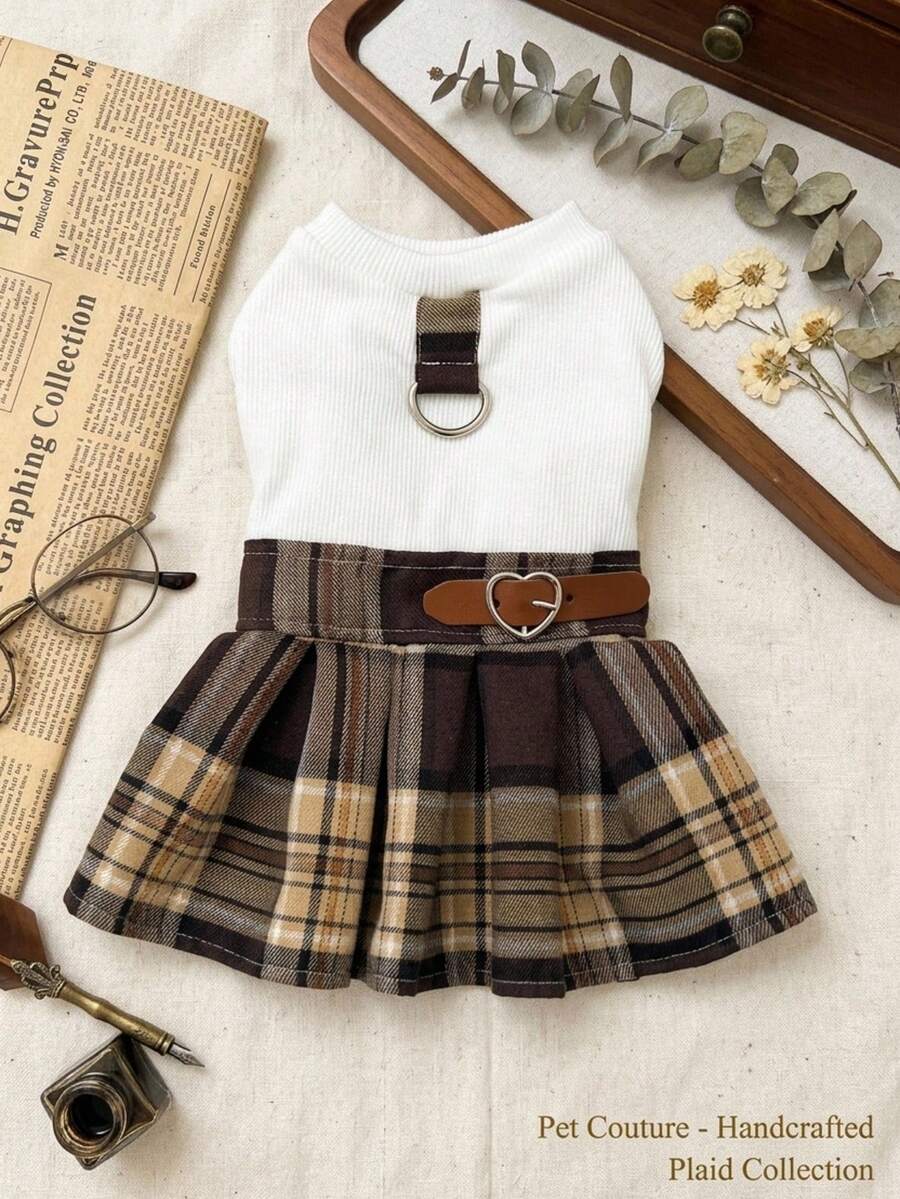 PETSIN Cute Pet Dress Plaid Skirt Sleeveless Tank Top With D Ring Harness Belt For Small Dogs Cats - White - View 1