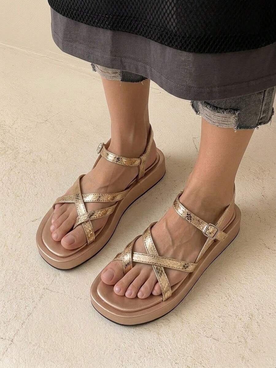 HighSole Spring And Summer New Multi-Belt Cross Back Buckle Design Open Platform Simple Versatile Style Champagne Women's Sandals Daily Commuting Shopping Wear - Champagne - View 1