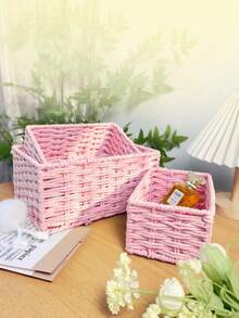 1/3PCS Retro Handmade Woven Sundries Storage Basket Natural Rattan Entryway Desktop Organizer Multi Purpose Snack Cosmetics Storage Box Household Organization Rustic Home Decor Gift Idea - Baby Pink - View 3