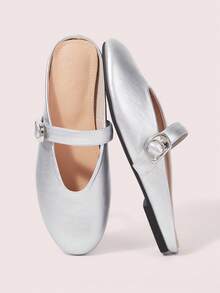 CUCCOO DOLLMOD Women's Silver Mary Jane Closed-Toe Mule Shoes, Round Toe Buckle Slip-On Flat Shoes, Commute Daily Casual Comfortable Women's Shoes - Silver - View 1