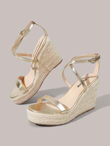 Styleloop Sandalias de cuña de paja con correa trasera cruzada, adecuadas para uso en vacaciones, adecuadas para vacaciones en la playa, compras de verano y otras escenas - Dorado - Ver 4