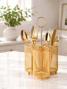 360 Degree Rotatable Design Space Saving Stable Base Multi Slot Kitchen Utensil Holder Rack For Spatulas Knives Spoons Forks Home Kitchen Housewarming Party Daily Use Storage Organizer For Kitchen Counter Decoration Supplies - Gold - View 2