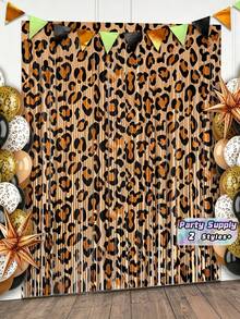 2PCS/Set Cheetah Print Foil Fringe Curtains Birthday Decorations, 3.28 X 6.56 Ft Leopard Print Fringe Backdrop Cheetah Photo Booth Props Animal Birthday Party Decorations Favor Supplies - Leopard Print - View 1