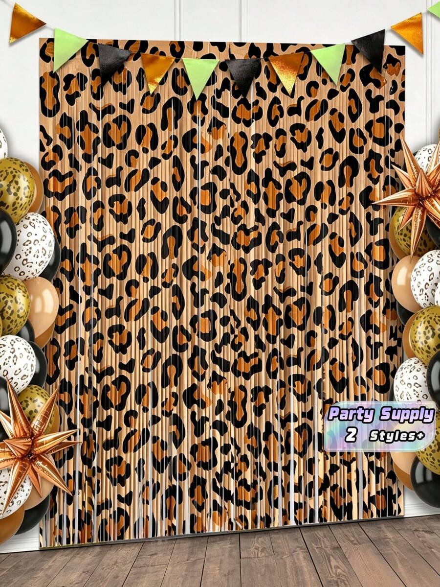 2PCS/Set Cheetah Print Foil Fringe Curtains Birthday Decorations, 3.28 X 6.56 Ft Leopard Print Fringe Backdrop Cheetah Photo Booth Props Animal Birthday Party Decorations Favor Supplies - Leopard Print - View 1
