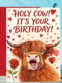 1件幽默高地牛「Holy Cow! It's Your Birthday!」生日卡，附信封，高級啞光紙，可愛高地牛與愛心插圖，適合牛迷的理想趣味生日卡 - 多色 - 查看 5