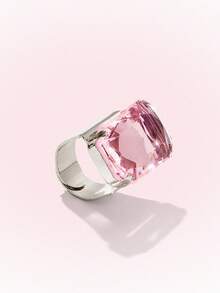 Popjeli Women's Adjustable Open Ring Emerald Cut Large Glass Stone Luxury Statement Ring For Women Party Daily Jewelry - Pink rectangular ring. - View 3