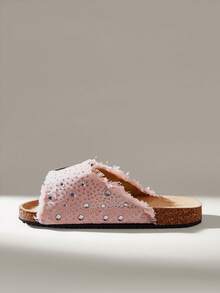 Solecia Ladies Summer Sandals, Open-Toed Flat-Bottomed Rhinestone Square Buckle Decorative Cork Bottom Casual Slippers Daily Beach Dual-Use - Pink - View 9