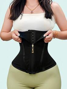 1PC High Compression Zipper Waist Trainer Corset For Women Tummy Control Body Shaper With Hook And Eye Double Layer Shapewear For Hourglass Figure Postpartum Workout Daily Use - Black - View 7