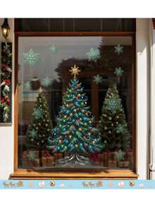 Vintage Christmas Tree Window Static Decals, Xmas Light Ornament Tree & Snowflake Stickers, Reusable Electrostatic Glass Decor For Storefront Restaurant Xmas Party Supplies - multicolor - View 3