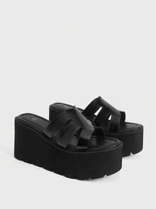 Sugerpunk Sandal Platform Hak Miring Wanita Gaya Punk Gaya Gotik Gaya Jalanan Platform Berongga Slip-On - Hitam - View 2