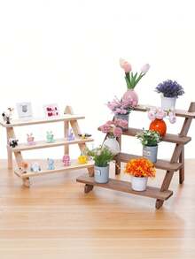 1PC Multi Layer Wooden Display Stand, Vintage Natural Wood Step Shelf Organizer, Earring Ring Jewelry Display Rack, Doll Figurine Storage Shelf, Countertop Multi Purpose Organizer For Home And Shop, Rustic Vanity Dresser Decor, Space Saving - Multicolor - View 4