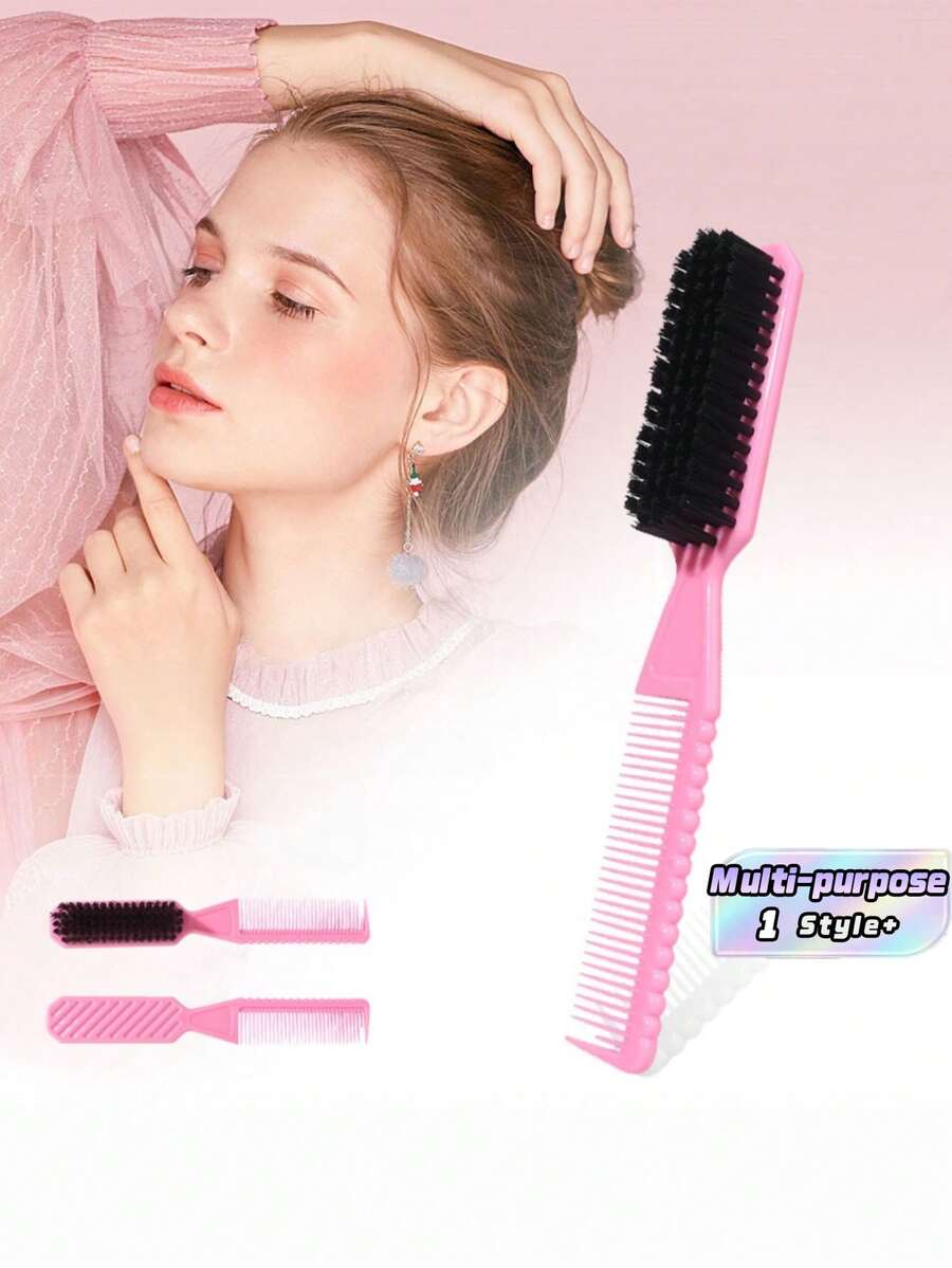 1pc Dual Use Hair Brush And Beard Brush With Comb Bristles For Men Side Part Hairstyle Natural Slicked Look Styling Tool For Hair Beard Eyebrow Shaping Must Have Grooming Kit - Pink - View 1