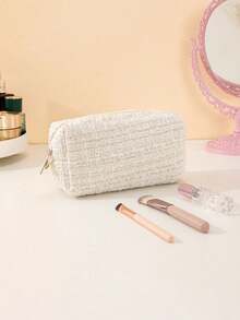 Makeup Bag, A Large Capacity Pink Checkered Polyester Fiber Fabric With Zipper, Octagonal Bag, Lipstick, Change, Cosmetics, Pencil Case, And Other Multifunctional Storage Bags. It Is Very Suitable For Travel, Home, Portable - Beige - View 4