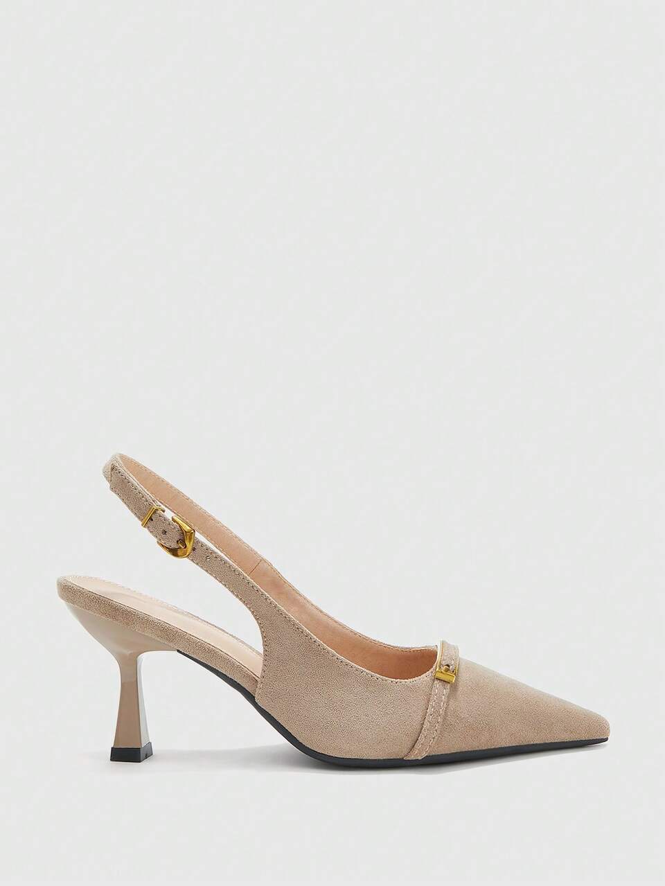 CUCCOO BIZCHIC Elegant White Slingback Kitten Heels Fashion Metal Buckle Pointed Toe Pumps Chic Summer Dress Shoes