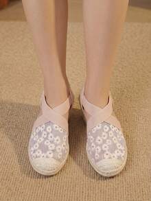 Styleloop 麻繩編織女款楔跟厚底鞋 度假風 BOHO 風 美式復古 波希米亞風 西部風 音樂節慶穿搭 - 粉色菊花網 - 查看 11