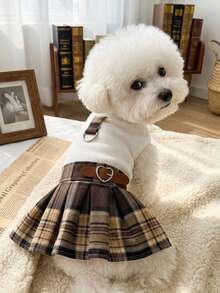 PETSIN Cute Pet Dress Plaid Skirt Sleeveless Tank Top With D Ring Harness Belt For Small Dogs Cats - White - View 2