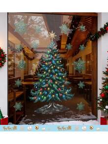 Vintage Christmas Tree Window Static Decals, Xmas Light Ornament Tree & Snowflake Stickers, Reusable Electrostatic Glass Decor For Storefront Restaurant Xmas Party Supplies - multicolor - View 5