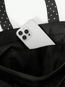 MUSERA Black And White Polka Dot Nylon Zipper Pocket Shoulder Bag, Tote Bag, Fitness Bag, Beach Travel Daily Leisure Travel Bag, Fashionable And Lightweight, - Black polka dot - View 5