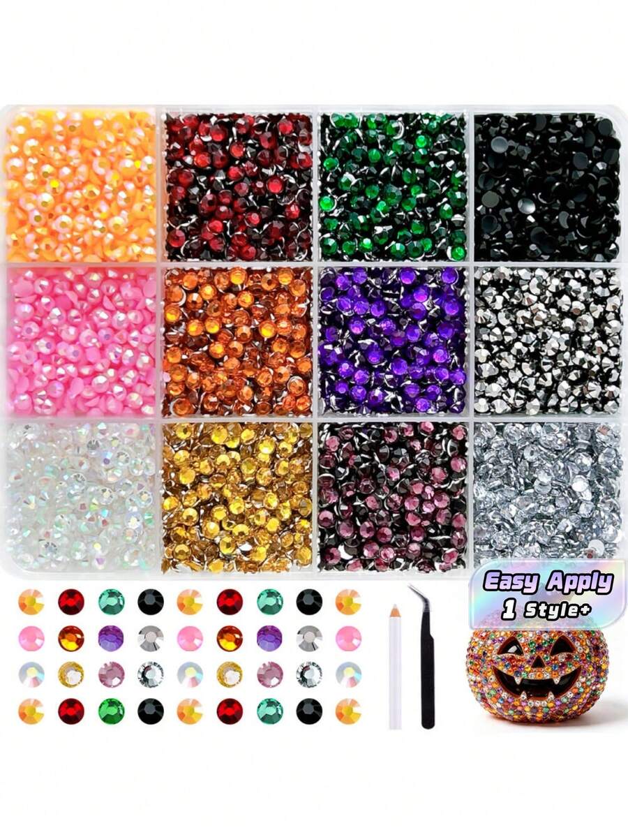 1 Box Seri Halloween Campuran Rhinestone Flatback untuk Dekorasi Casing Ponsel DIY, Perlengkapan Kerajinan Permata Kaca Mengkilap Warna-warni untuk Proyek Tema Halloween, Bling Ponsel, Seni Kuku, dan Scrapbooking - Skema warna Halloween - View 1