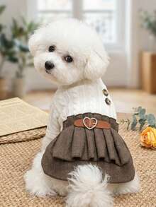 PETSIN Vintage Preppy Pet Dress Cable Knit Top Spliced Herringbone Skirt Heart Buckle Belt Clothes For Small Dogs Cats - White - View 3
