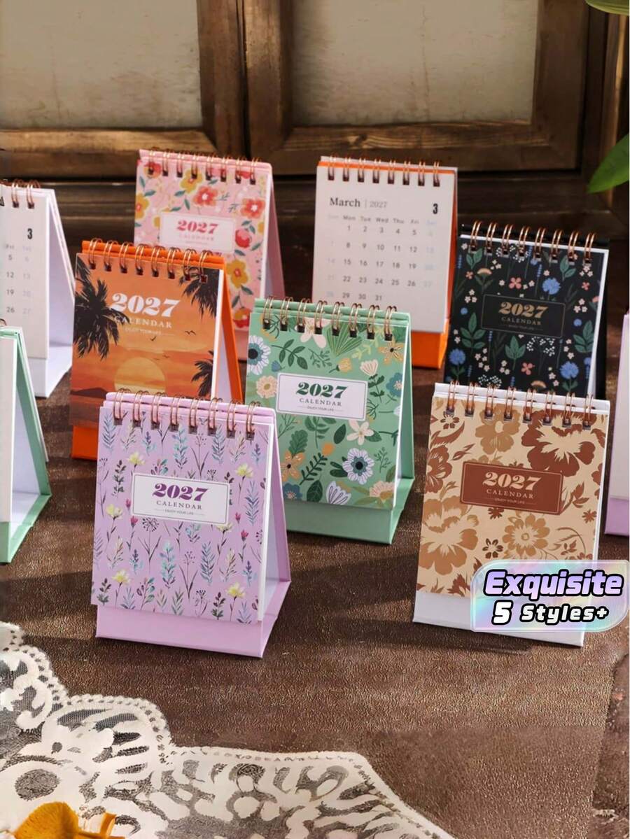 2027 Desk Calendar Spiral Bound Standing Flip Calendar Cute Floral Botanical Design Mini Monthly Planner Aesthetic Desktop Organizer For Home Office Decor - A - View 1