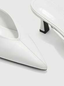 CUCCOO BIZCHIC White Glossy V-Shaped Qu Notched Pointed Mules High Heels, No Rear Helper, Special-Shaped Thin Heels For Commuting, Mules Women's Shoes - White - View 5
