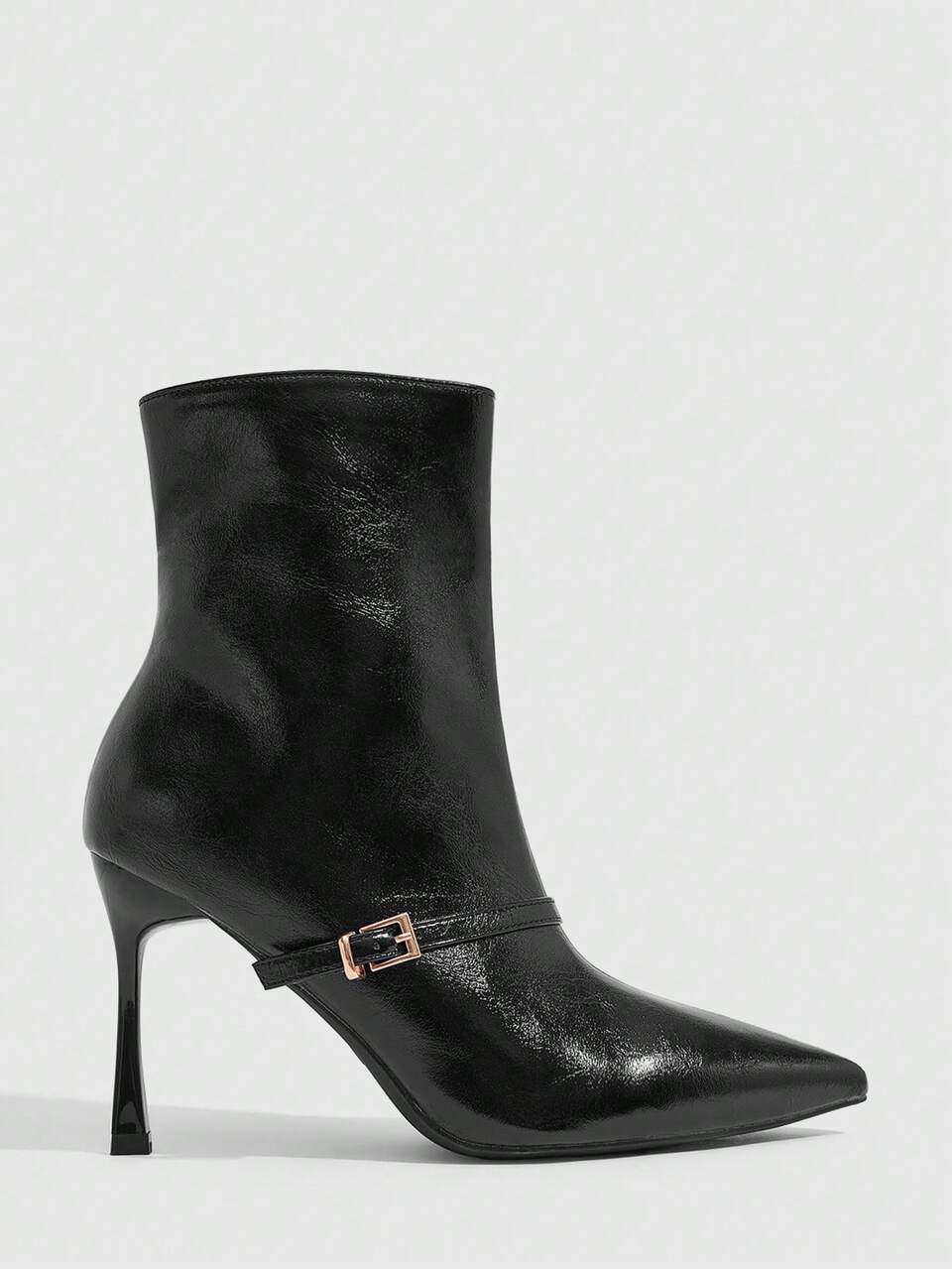 CUCCOO SZL Women Shoes High Heel Metal Buckle Black PU Material Fashion Women's Side Zipper And Ankle Boots Casual Shopping Autumn And Winter Boots