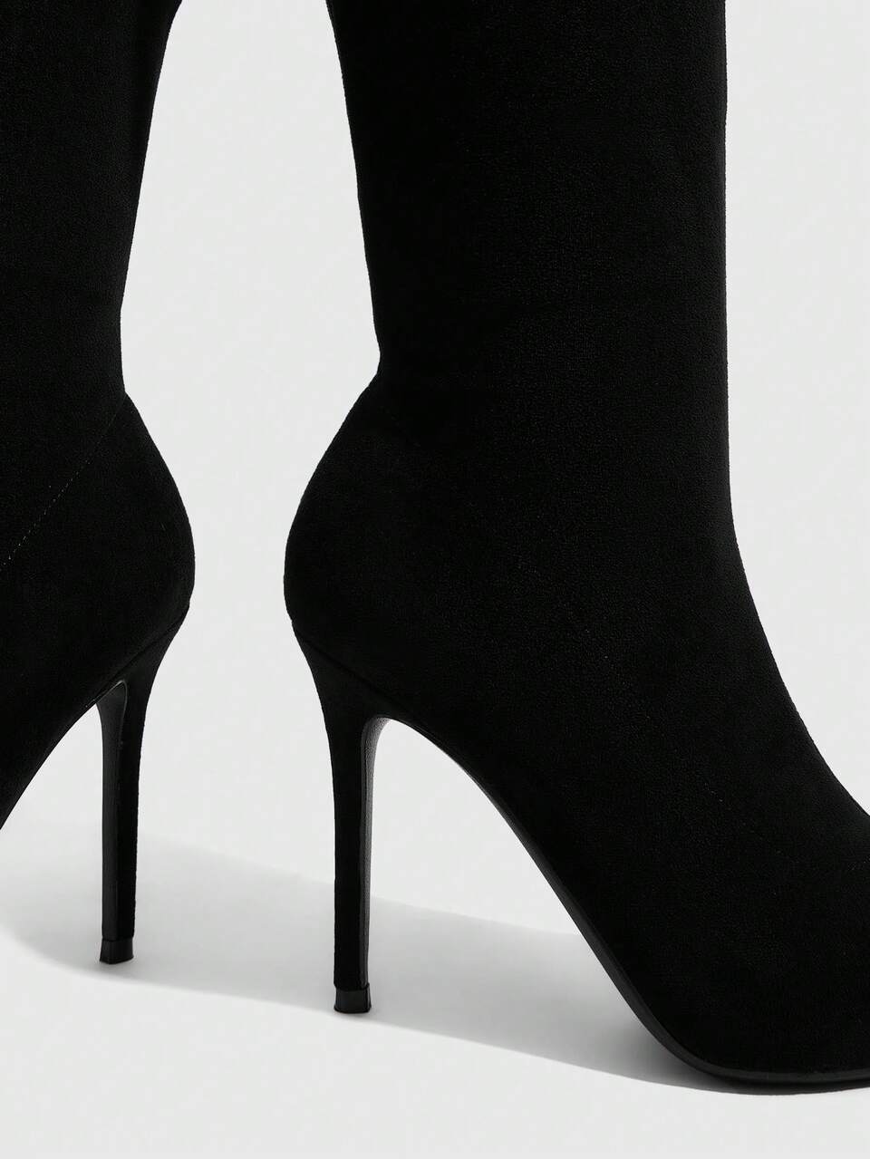 CUCCOO SZL Black Elastic Cloth Pointed Thin Heel High Boots Women, Autumn And Winter Thin But Knee Elastic Boots, Commuting Versatile Autumn And Winter New Elast
