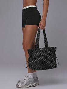 MUSERA Black And White Polka Dot Nylon Zipper Pocket Shoulder Bag, Tote Bag, Fitness Bag, Beach Travel Daily Leisure Travel Bag, Fashionable And Lightweight, - Black polka dot - View 2