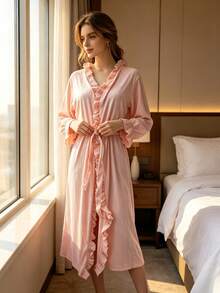 Women's Pink Crinkle Cotton Wrap Bath Robe With Ruffle-Trim V-Neck, Long Sleeves And Tie Belt, Loose Lightweight Comfy Home Wear - Multicolor - View 5