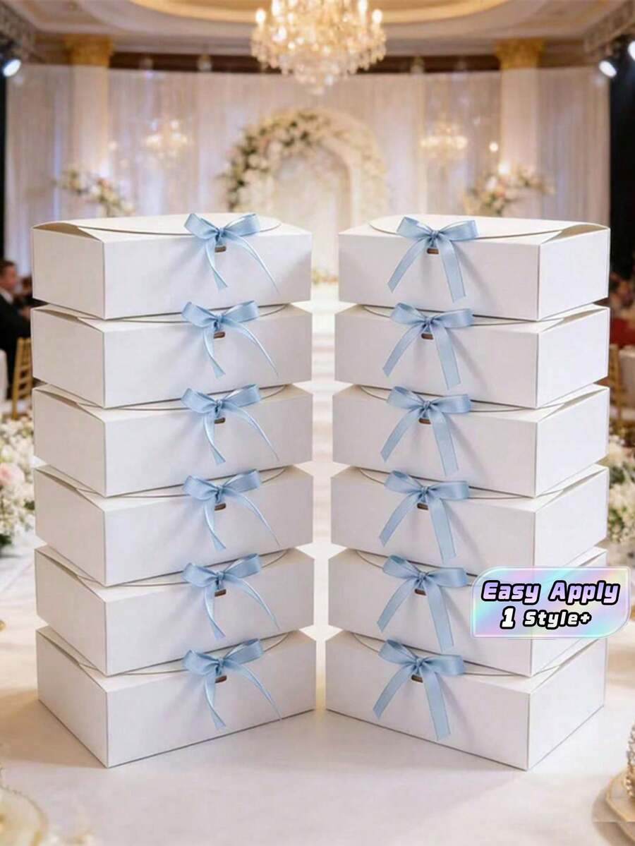 8件組白色紙製禮品盒附藍色緞帶蝴蝶結，可折疊扁平收納，適用婚禮、生日、聖誕節、情人節派對伴手禮，糖果餅乾包裝裝飾用品，適合女性、女孩、朋友 - 查看 1