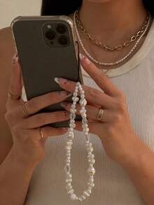 1Pc White Pearl Phone Wrist Lanyard, Short Hand Strap With Secure Metal Clasp, Elegant Cell Phone Charm Chain For Women, Classy Gift For Mother Family Friend Birthday Holiday Daily Use - Multicolor - View 2
